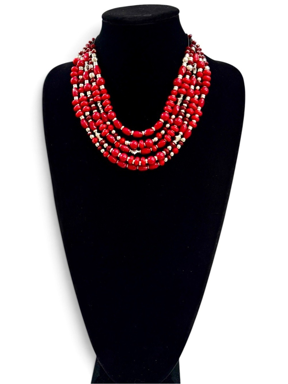 Premier Designs Red Multi Strand Statement Necklace with Silver Star Beads NIB